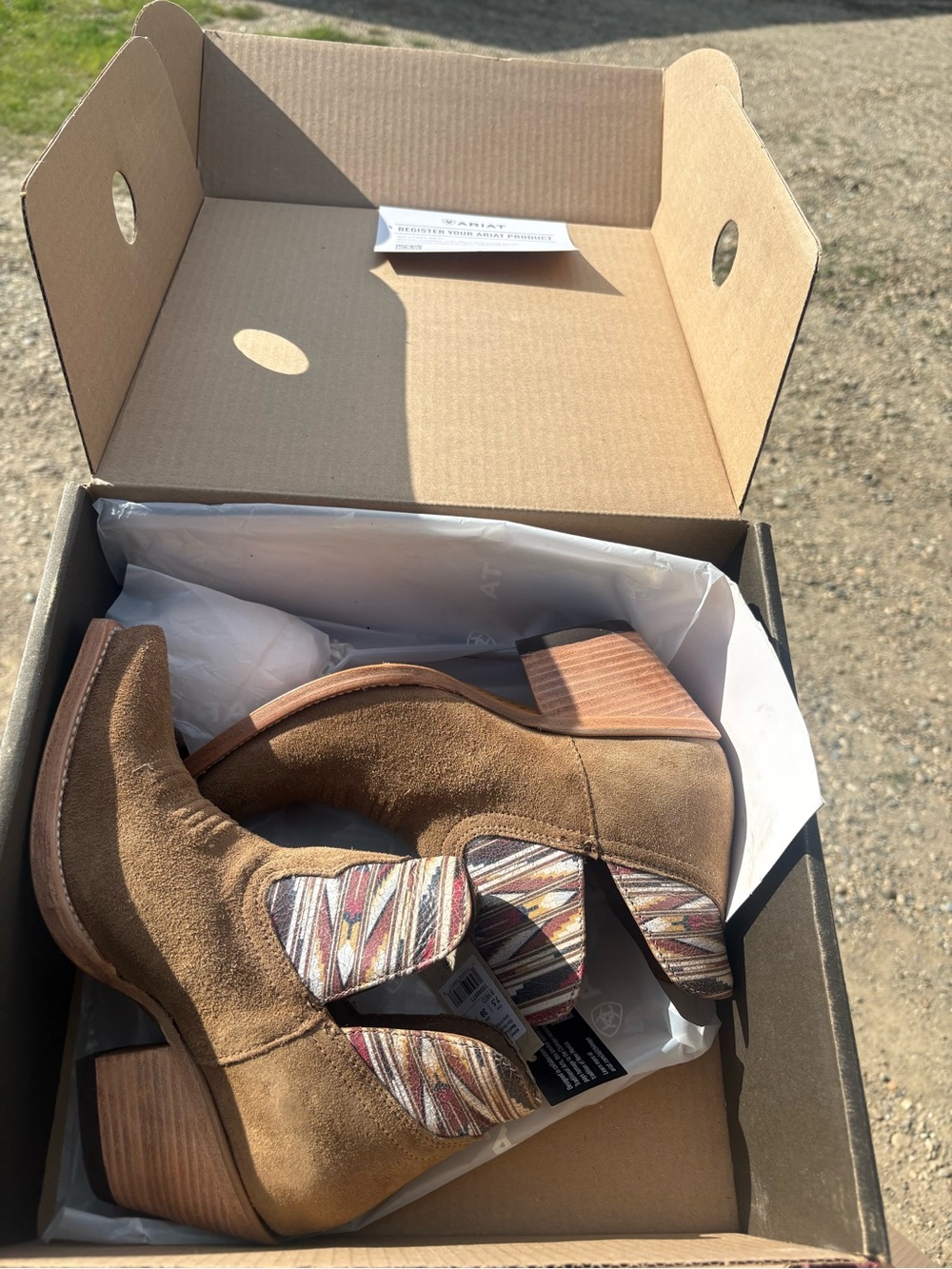 Ariat Brown Suede Ankle Booties with Multicolor Fabric Panels